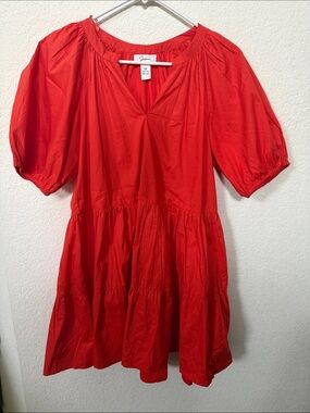 Japna Bright Red/orange Puff-Sleeve Tiered Casual Dress